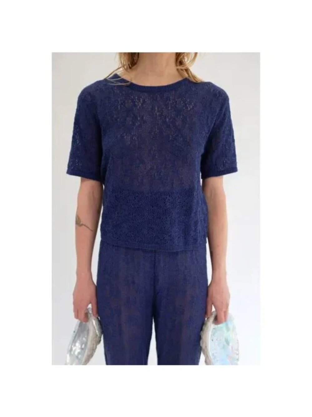 Anthropologie Current Air Blue Lace Knit Top, Size XL